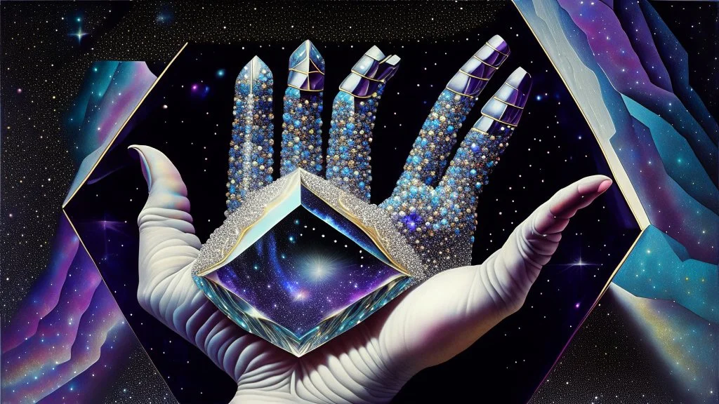 anamorphism trompe l'oeil hyperspace jeweled giant hand modelling a galaxy