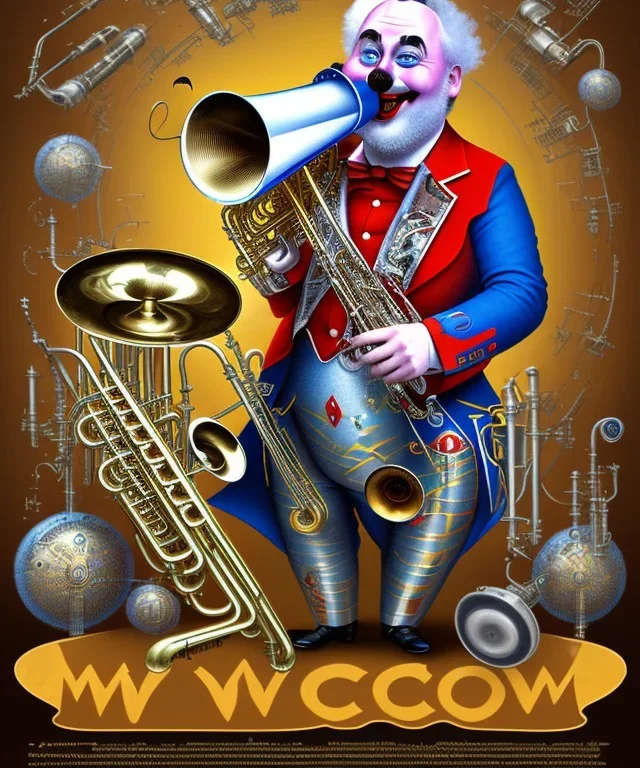 mechanoid old friendly fat clown with trimmed beard playing jazz with a steampunk theme, trumpet, realistic