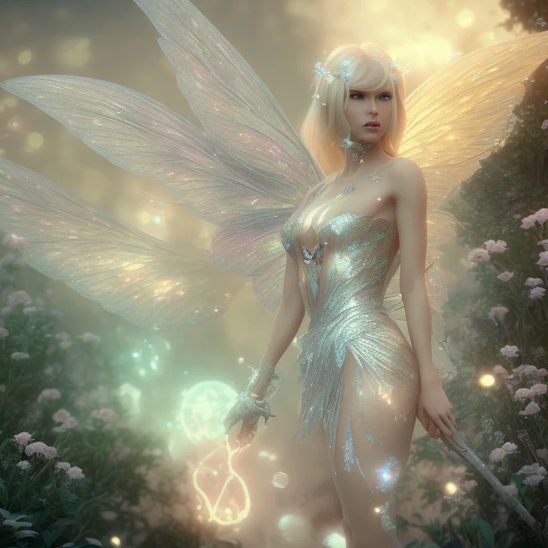 beautiful blonde fairy in a galactic ambiance, transparent wings, delicate colors, finely tuned detail, ultra high definition, 8 k, unreal engine 5, ultra sharp focus