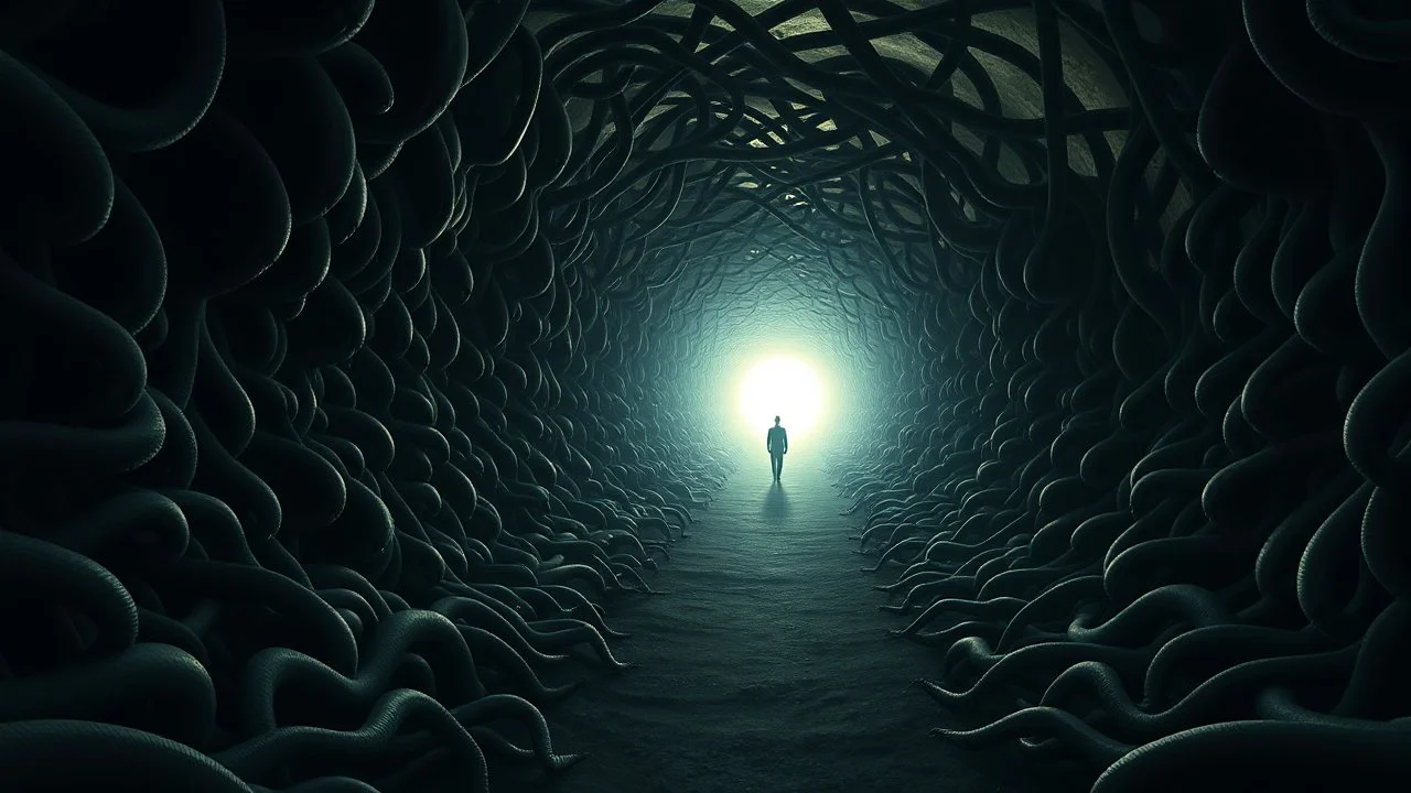 A surreal scene a tunnel-like structure filled with intertwined aliens figures. The tunnel is lined with countless writhing aliens bodies, creating a chaotic and nightmarish atmosphere. At the end of the tunnel, a solitary figure walks towards a distant light source, casting a glow that illuminates the scene. The overall color palette is muted with shades enhancing the ominous and unsettling mood. The level of detai