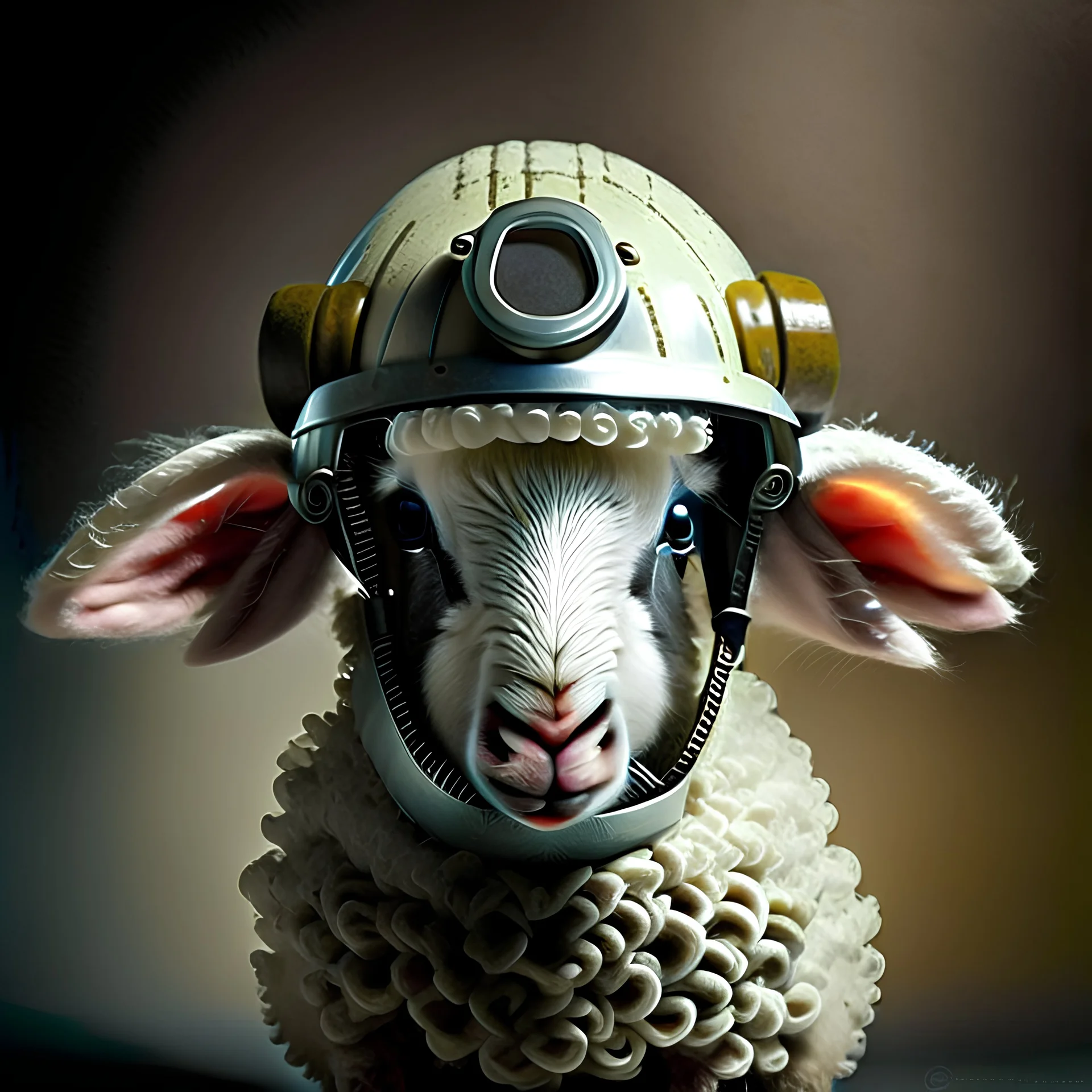 Lamb with engineer's helmet
