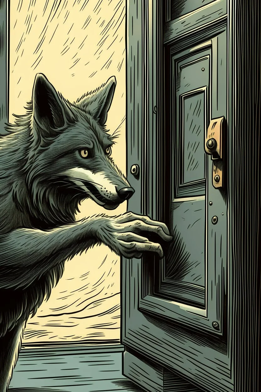 Digital drawing of a wolf hand ringing the doorbell, I want the wold point of view, so I want to see just his hand ringing the doorbell