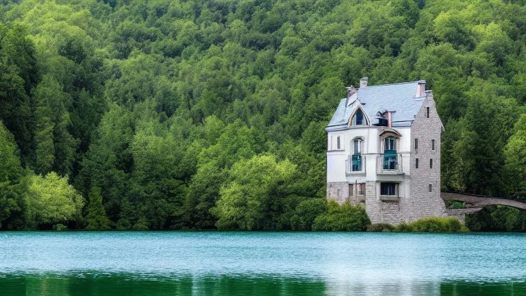 small gothic house built into a rock, lake, trees, arches, bridge, foliage, balconies, verandas, blue sky, white clouds