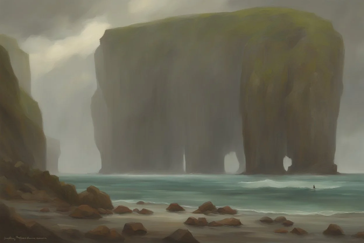 cloudy grey day, cliffs, fantasy, rocks, videgame landscapes influence, epic, one person, distant mountains, rodolphe wytsman, jenny montigny, and friedrich eckenfelder impressionism paintings