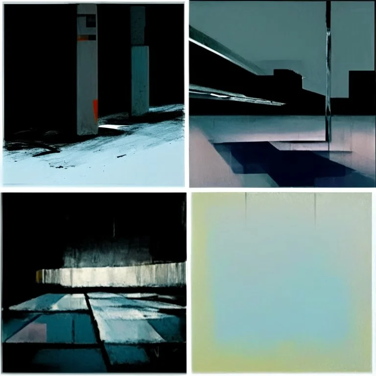 Minimal abstract oil paintings of a desolate concrete 1960s carpark. Road with distant Blurry lights. On the floor are concrete fragments and road markings . In the dark mysterious style of Justin Mortimer and Francis Bacon.