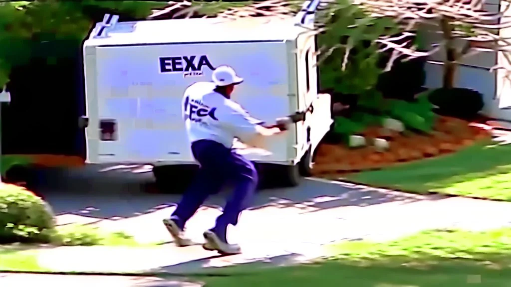 fedex driver chasing homeowner with chainsaw