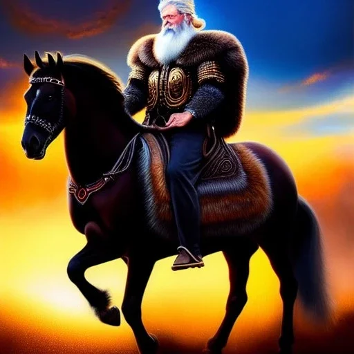 Ultra detailed fullbody Portrait in oil on canvas of Odin with armor riding horse,extremely detailed digital painting, extremely detailed face,crystal clear eyes, mystical colors ,perfectly centered image, perfect composition, rim light, beautiful lighting,masterpiece,8k, stunning scene, raytracing, anatomically correct, in the style of robert e howard and Wizyakuza and Ohrai Noriyoshi and Simon Bisley and uncannyknack