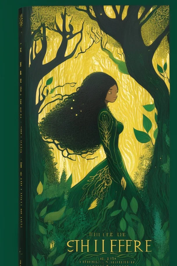 book cover, In the heart of a dense and enigmatic forest with towering ancient trees cloaked in emerald, yellow and amber foliage stands an ethereal beauty her lustrous hair cascading in ebony waves down to her slender waist she is slowly turning into a tree herself