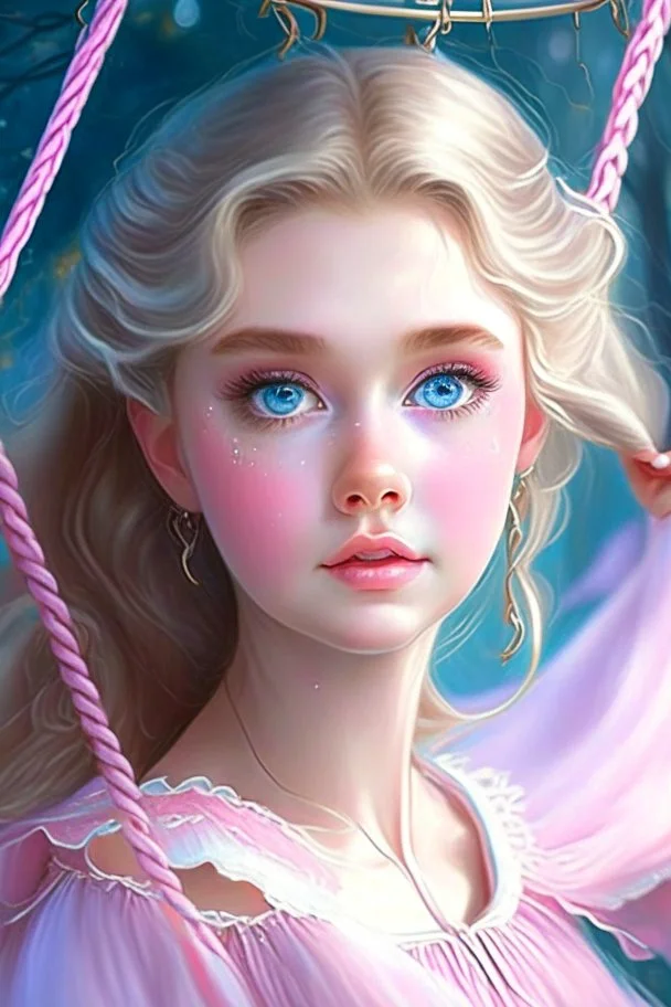 A very beautiful princess with a round face, wide blue eyes, a thin nose, a luminous face, and clear skin. She wears light pink makeup. She rides the swing and her hair flies.