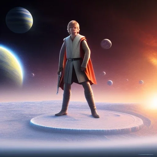 model shoot style, digital art zoomed out portrait of (young Luke Skywalker) ((dressed in jedi tunic)), surrounded by 100 planets, ultra-detailed, ultra quality, illustration, eerie atmosphere, 8k, cinematic lighting