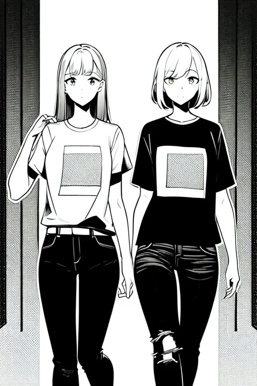 two girls dressed in jeans and a T-shirt walk in the city, line arts, greyscale