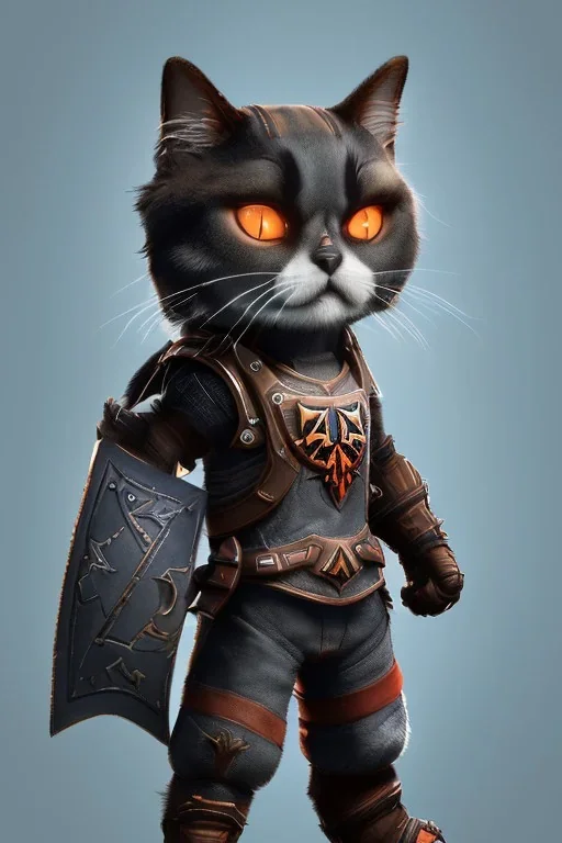 cat 2d, knight, ninja, black fur,full body, orange torn coat,game character, strong, anime, chibi , like zelda