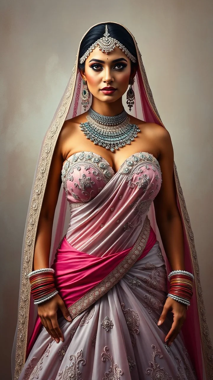 A stunningly powerful South Asian bride, her muscles visible beneath the intricate folds of a designer bridal dress. The bridal makeup highlights her features, emphasizing her beauty and strength. This striking image, whether a painting or a photograph, exudes elegance and power. The bride's muscular physique perfectly complements the traditional bridal attire, creating a truly mesmerizing visual feast. The high-quality detail and vibrant colors bring this unique fusion of strength and beauty to