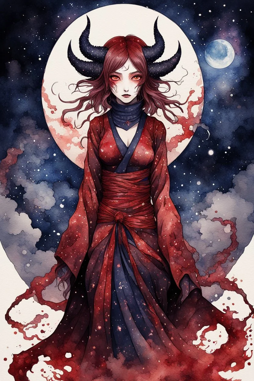 Demon girl wizard behind, horror, nightmare, galaxy in eyes, fullbody, watercolor illustration by <Katsushika Hokusai>, darkred tones,