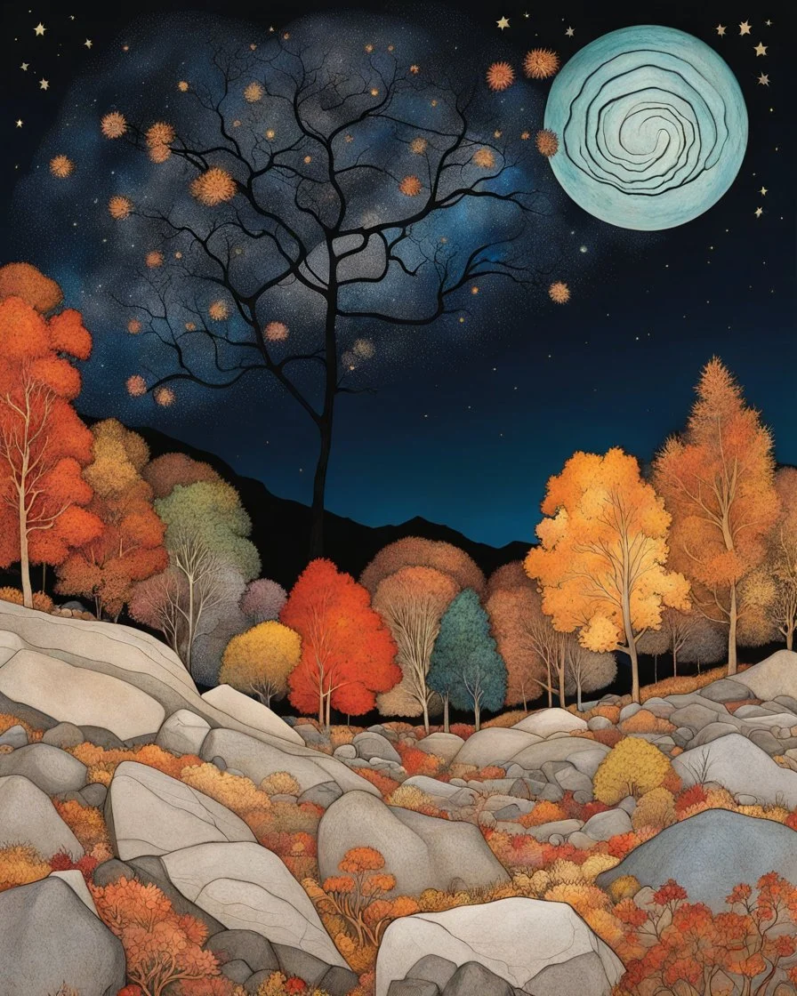 Autumn colors, peaceful, Egon Schiele, Max Ernst, night sky filled with galaxies and stars, rocks, trees, flowers, one-line drawing, sharp focus, 8k, deep 3d field, intricate, ornate, one million strokes