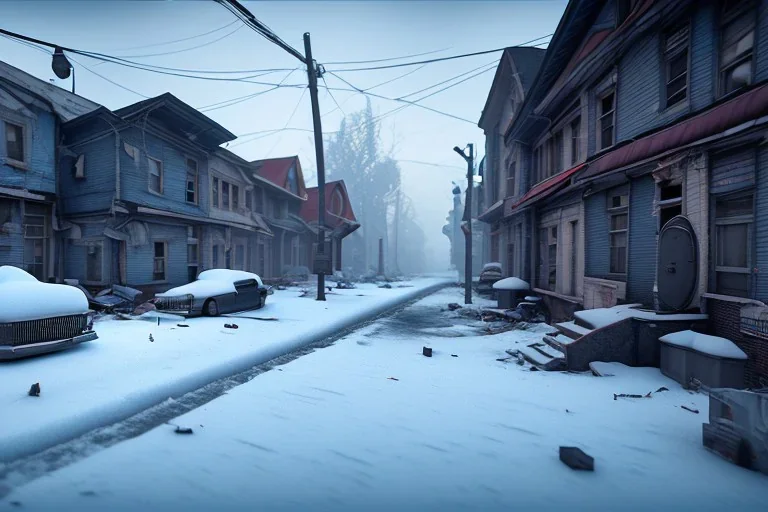 Michigan, streets of detroit, slums, snow, winter , run down residental homes , unity, scriptable render pipeline , blue tone, volumetric lighting.