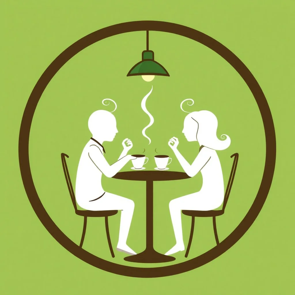 A circular logo for a cafe in a beautiful green color, with two people sitting at a table for two, their heads shaped like coffee cups, drinking coffee, and the cafe light above the table is on.