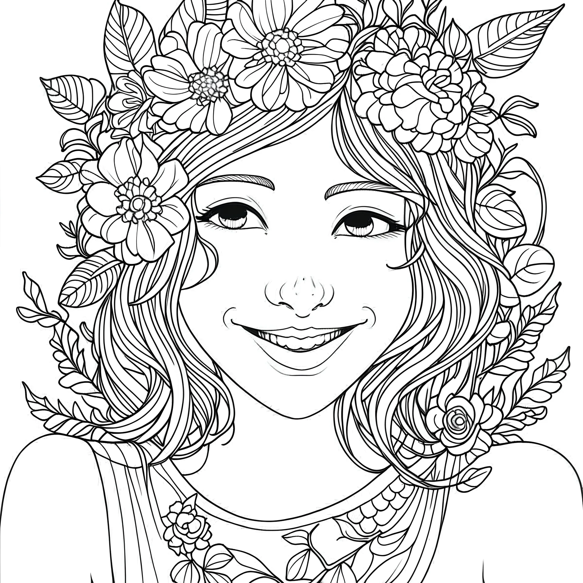 outline art for square smily woman face flowers crown coloring page for kids, classic manga style, anime style, realistic modern cartoon style, white background, sketch style, only use outline, clean line art, no shadows, clear and well outlined