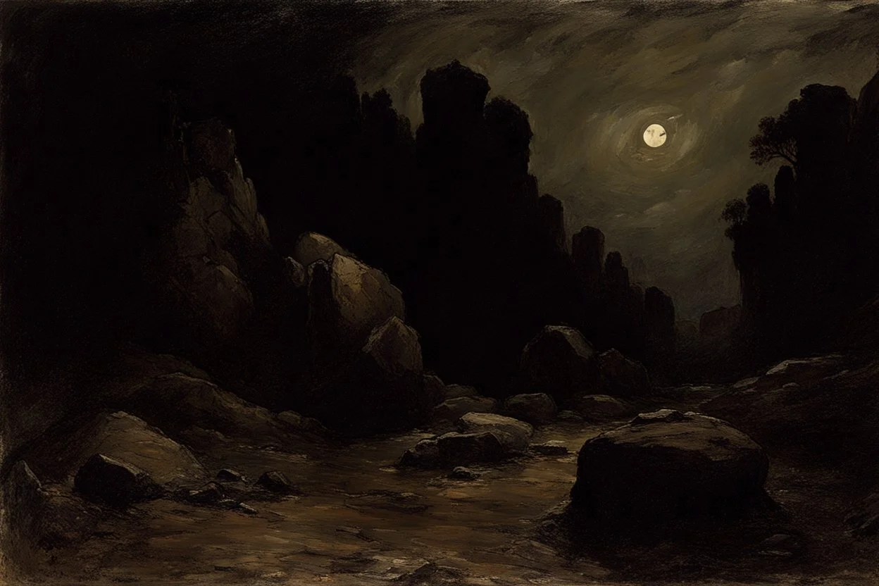 Night, rocks, trees, begginer's landscape, horror gothic movies influence, friedrich eckenfelder and george hendrick breitner impressionism paintings