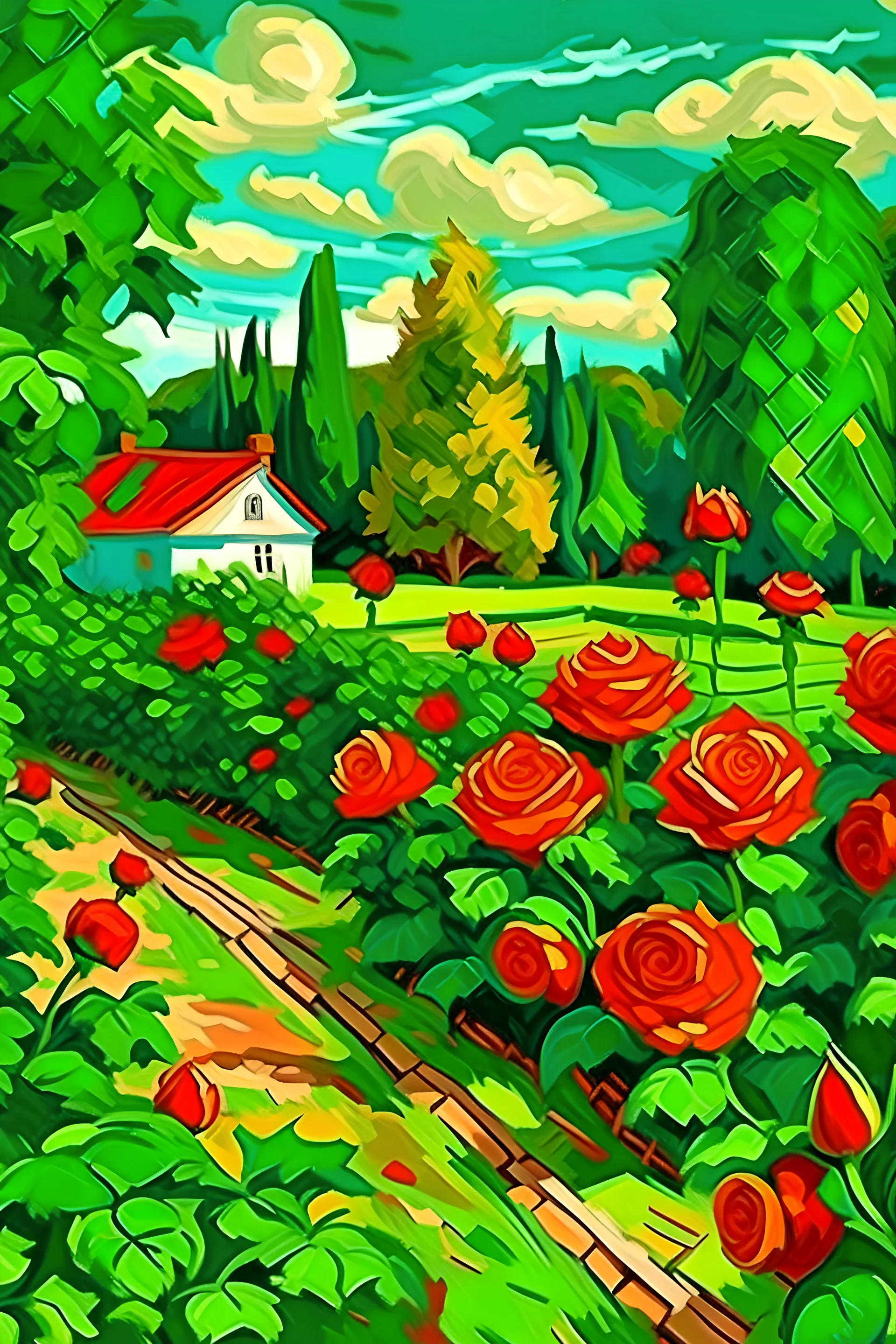 Rosas rojas en un jardín amplio y verde en un día soleado en el campo al estilo de Van Gogh