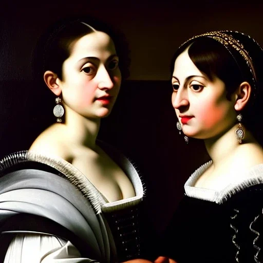 portrait of Eira Santiago Arnau and Dalia Santiago Arnau by Caravaggio,smiling, oil on canvas, cinematic composition, extreme detail,8k,fit full head inside picture,