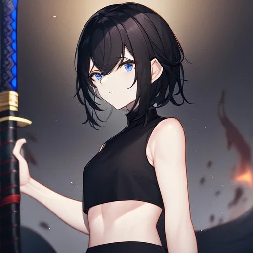 Clear focus,High resolution, black short fluffy hair, long fluffy bangs, and dark blue eyes, Depressed girl, wearing a black short shirt with a black sleeveless crop top, dark aura, controlling water, in a black room, holding a katana