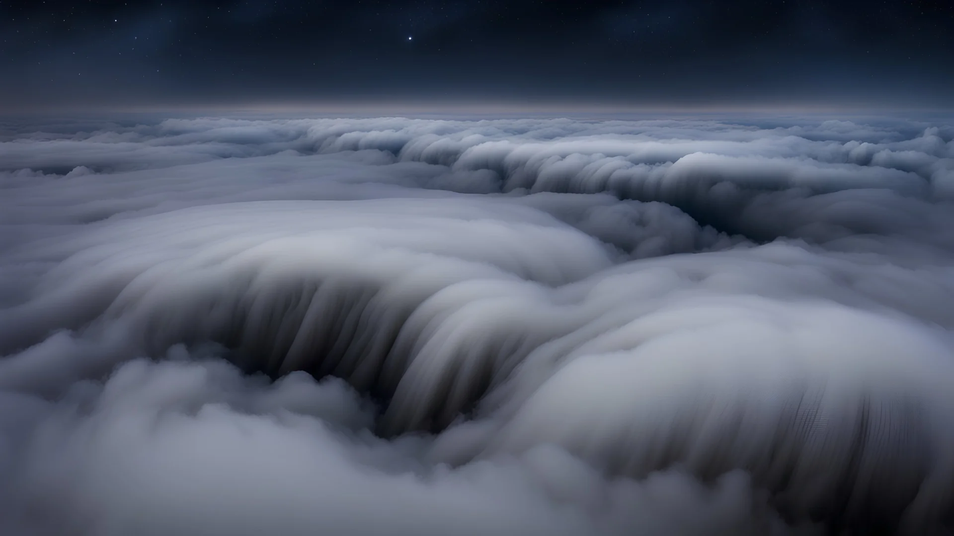 looking down from space at a vertical angle at the mist and clouds and storm, surrounded by the mist at night starry sky. majority of the image is space