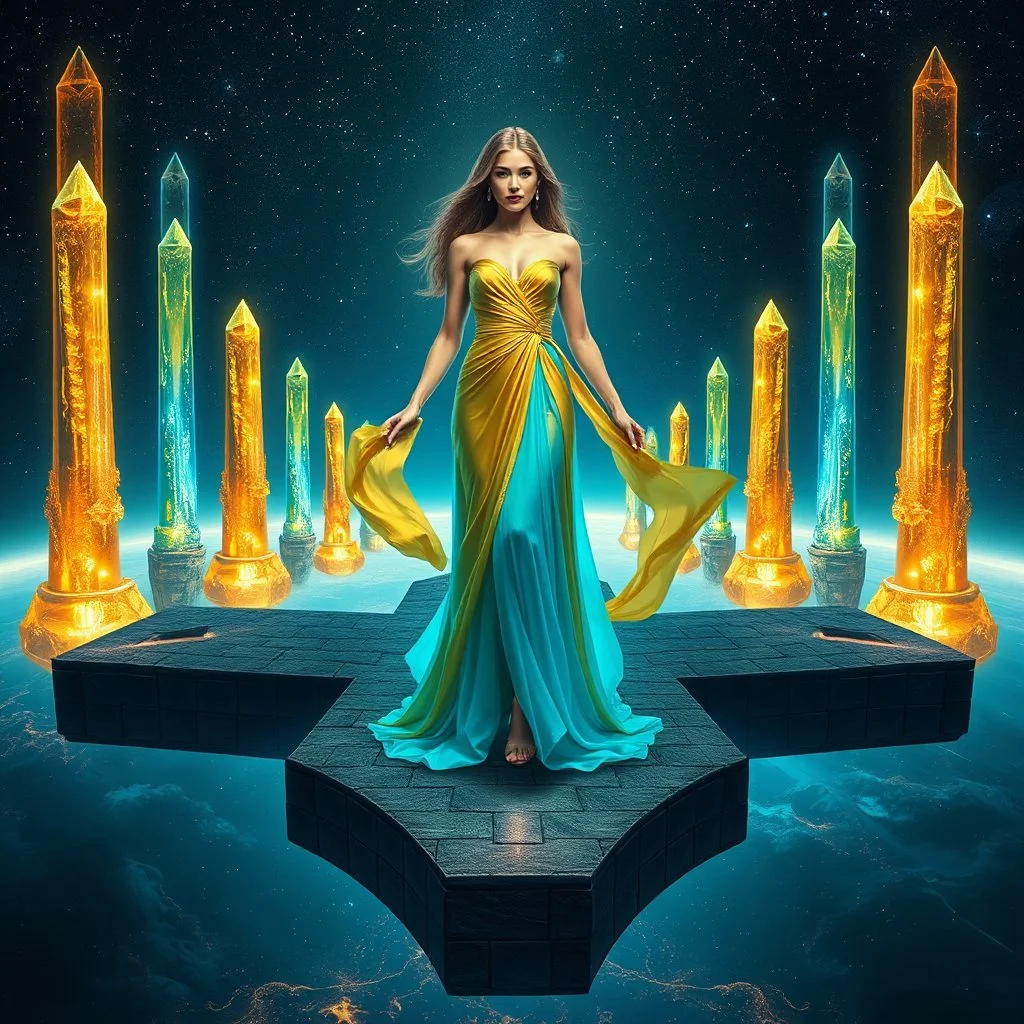A breathtaking cosmic fantasy scene featuring a stunningly realistic beautiful woman with a perfect face and sculpted figure standing gracefully at the center of a floating geometric platform in deep space. She wears an elegant flowing gown in vibrant gold and blue hues that billow around her perfect form. The platform is constructed from dark cobblestone-like blocks arranged in a cross or star shape. Surrounding her are magnificent crystalline towers and pillars in gold, amber, and electric b