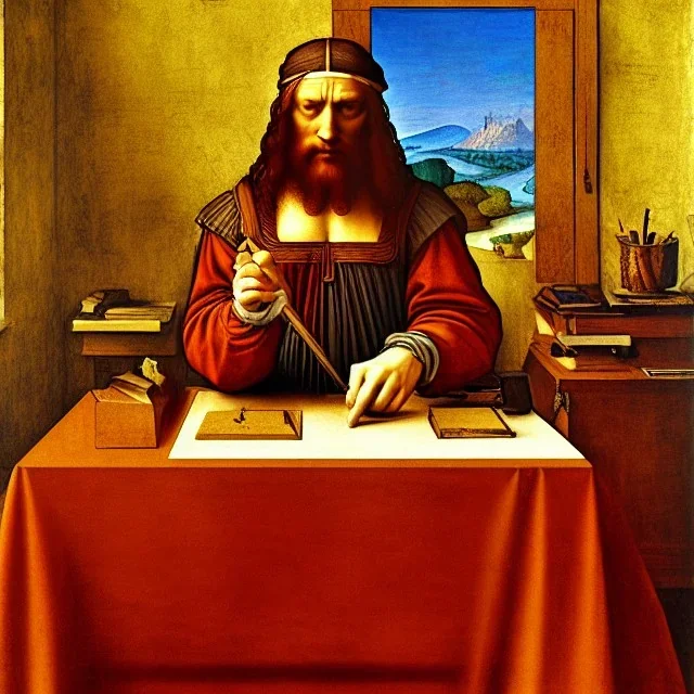 leonardo da vinci works on laptop at his desk. painting in photoshop. hyperdetailed, warm colors, movie poster, oil on canvas,