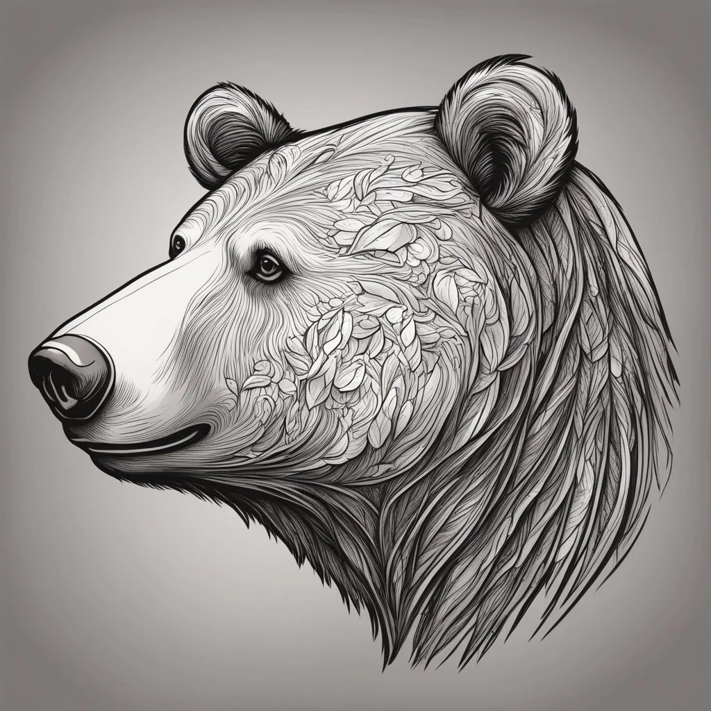 cartoon bear head from profile, extreme low detail sketch with strong contrast, monochromatic outline stamp