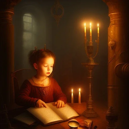 child reading and gathering knowledge in an old room with only candle light, high detail, medieval, steam punk