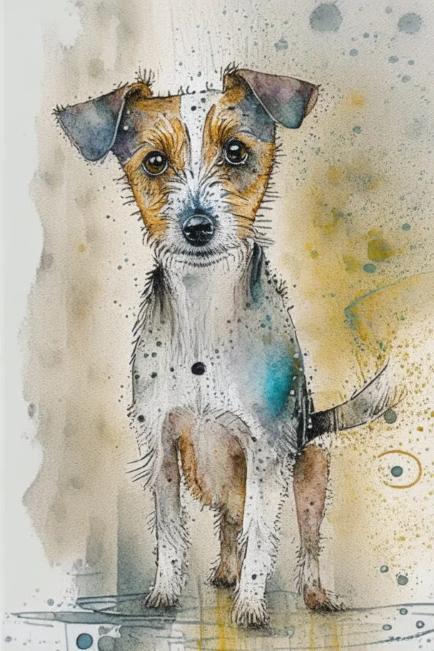 Abstract wet watercolour of a rough coated jack Russell, ink lines, interlinked circles, detailed,focus on eyes, watercolour paper