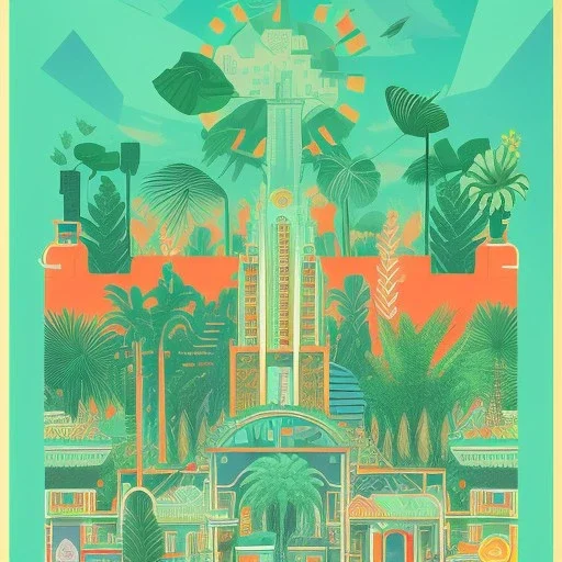 tropical city, latino, plants, streets, risograph poster, flat design, 2 colors