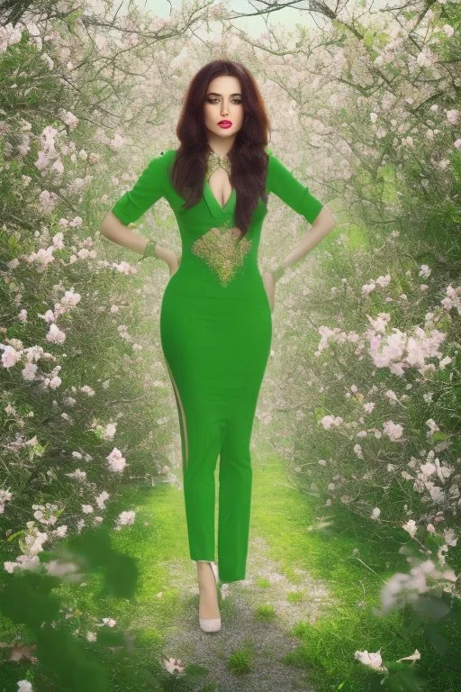 full body shot of very nice real face beautiful Emel Sayın (turkish singer) with make up standing in garden of Pomegranate and pear trees blossom, The almond trees wither, It's spring and it's summer, spring with green plants covering ground.