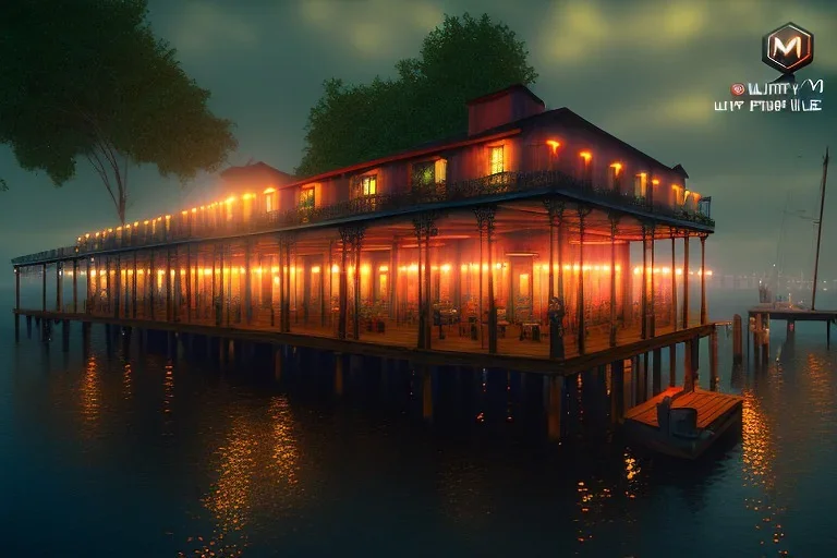 fishing dock, New orleans , night time , unity, scriptable render pipeline , red tone, volumetric lighting.