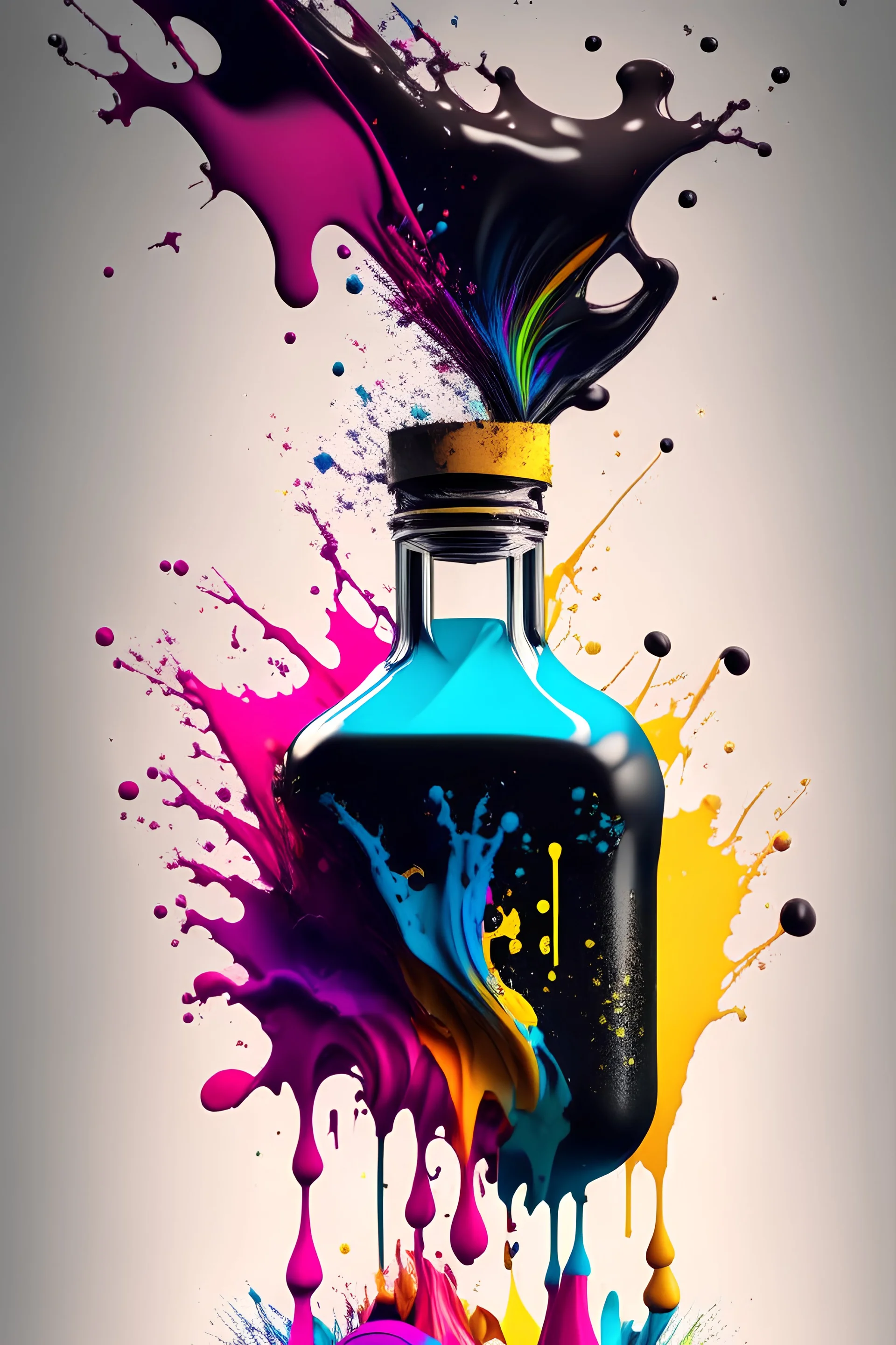 vector art ready to print highly detailed illustration of a ink bottle splashing a colorfull ink, 4k, highly detail, ultra realistic, cinematic lighting, 8k, vivid, colorfull lighting, surreal photography, portrait