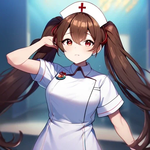 Clear focus, High resolution, Rough line, cute, anime style, big eyes, red eyes, sparkling eyes, brown hair, red eyes, thick eyelashes, wearing a nurse outfit, long twin tails, long locks