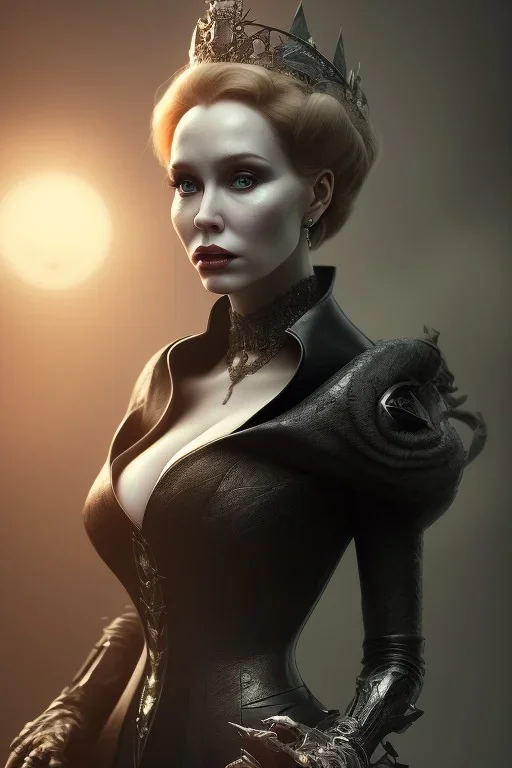 Christina Hendricks as evil queen in black leather, cleavage, angry, stern look. character design by cory loftis, fenghua zhong, ryohei hase, ismail inceoglu and ruan jia. unreal engine 5, artistic lighting, highly detailed, photorealistic, fantasy