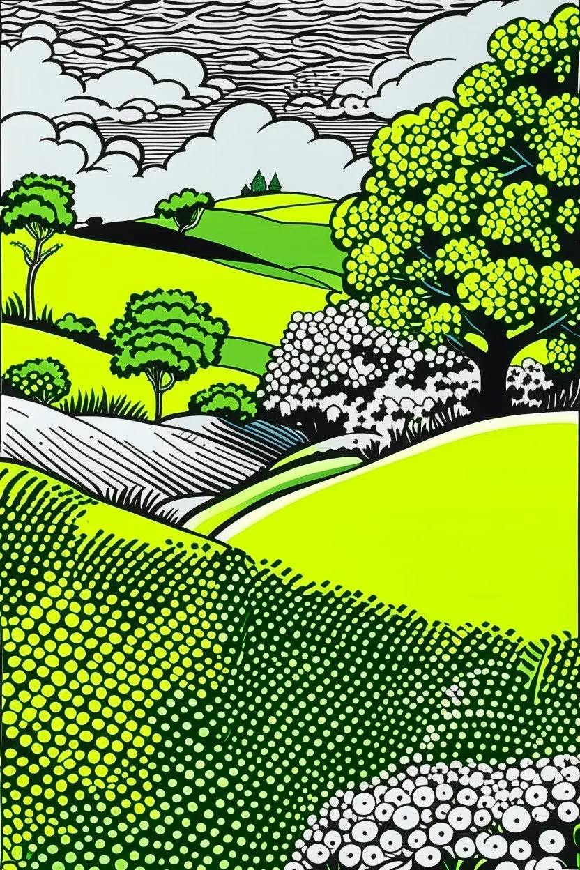 A lime green hilly fields with flowers painted by Roy Lichtenstein