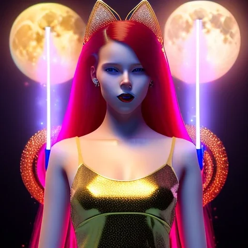 Attractive young teenage girl with golden fire red hair wearing a galactic tiara, who is dressed like a galactic guardian casting a spell with quarterstaff, she has cat ears and open dazzling blue eyes, has a normal nose, background is realistic space with a moon, the girl is on a planet, black goth girl dress, full body portrait, arm colors gradient effect into stars, rendered, unity 3d, unreal engine, dslr, hdr, 4k, edited, photorealistic, normal number of appendages, freckles, artists render