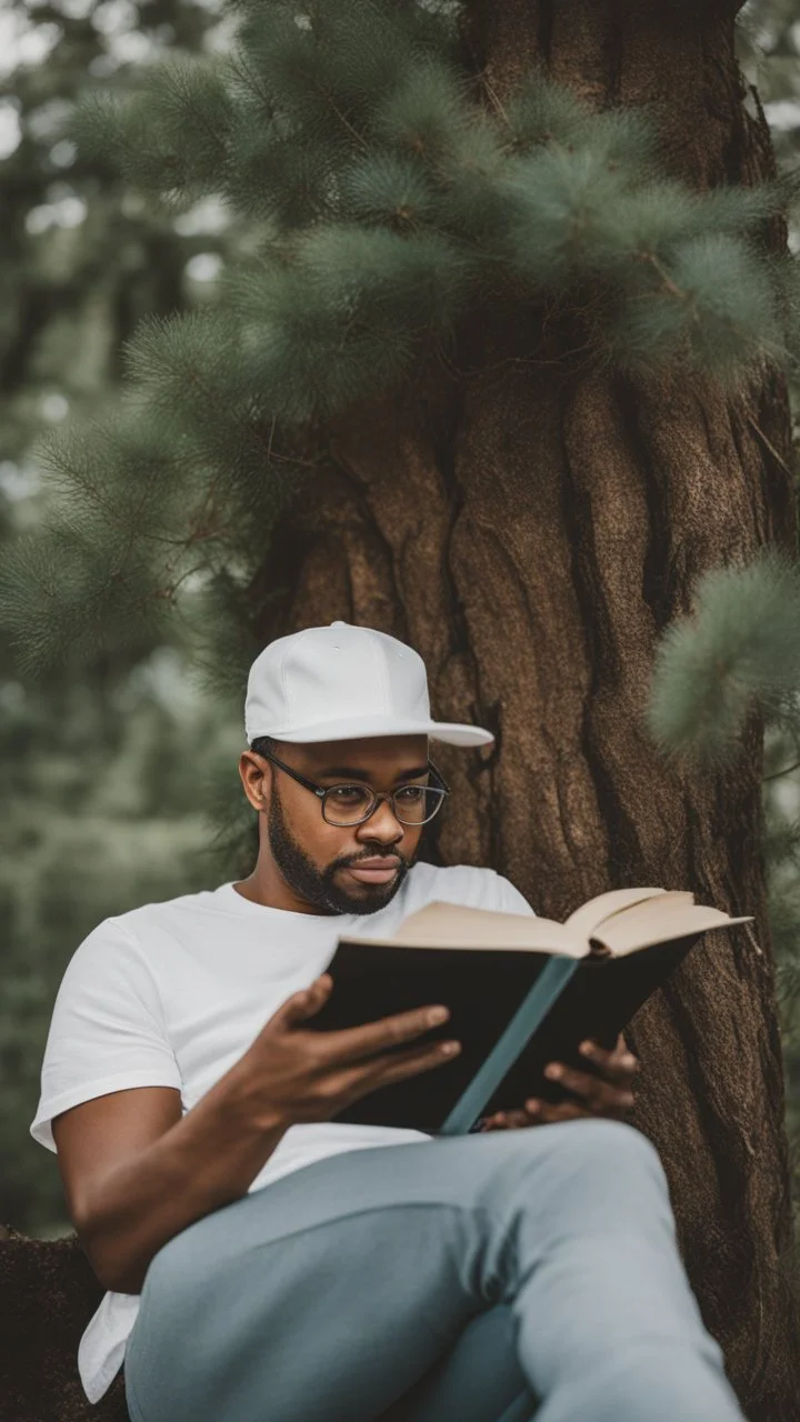 A man wearing a white Dad Hat, wearing glasses, and reading with a tree behind him, high resolution