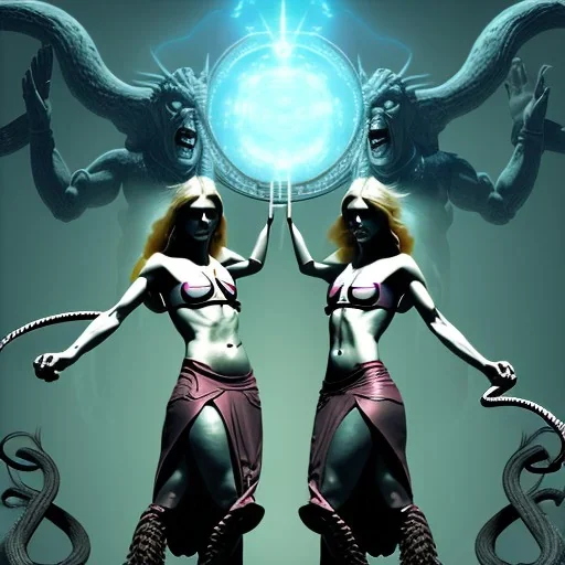 Two women skipping with a rope, demons and angry gods fight in the background, in the style of a Michael Moorcock book cover.