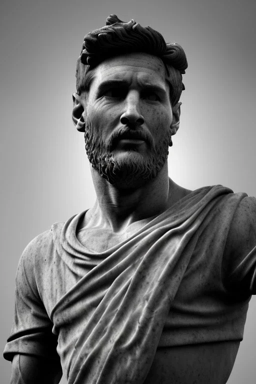 Ultra Realistic image, roman sculpture, Calacatta marble material, Lionel Messi, gold Laurel wreath, Renaissance style, miguel angel David style, chisel style, emperor, waist up portrait, epic, celestial, cinematic lighting, God light, god rays, 4k resolution, smooth details, ornate details, vibrant color, unreal engine 5, blue background.