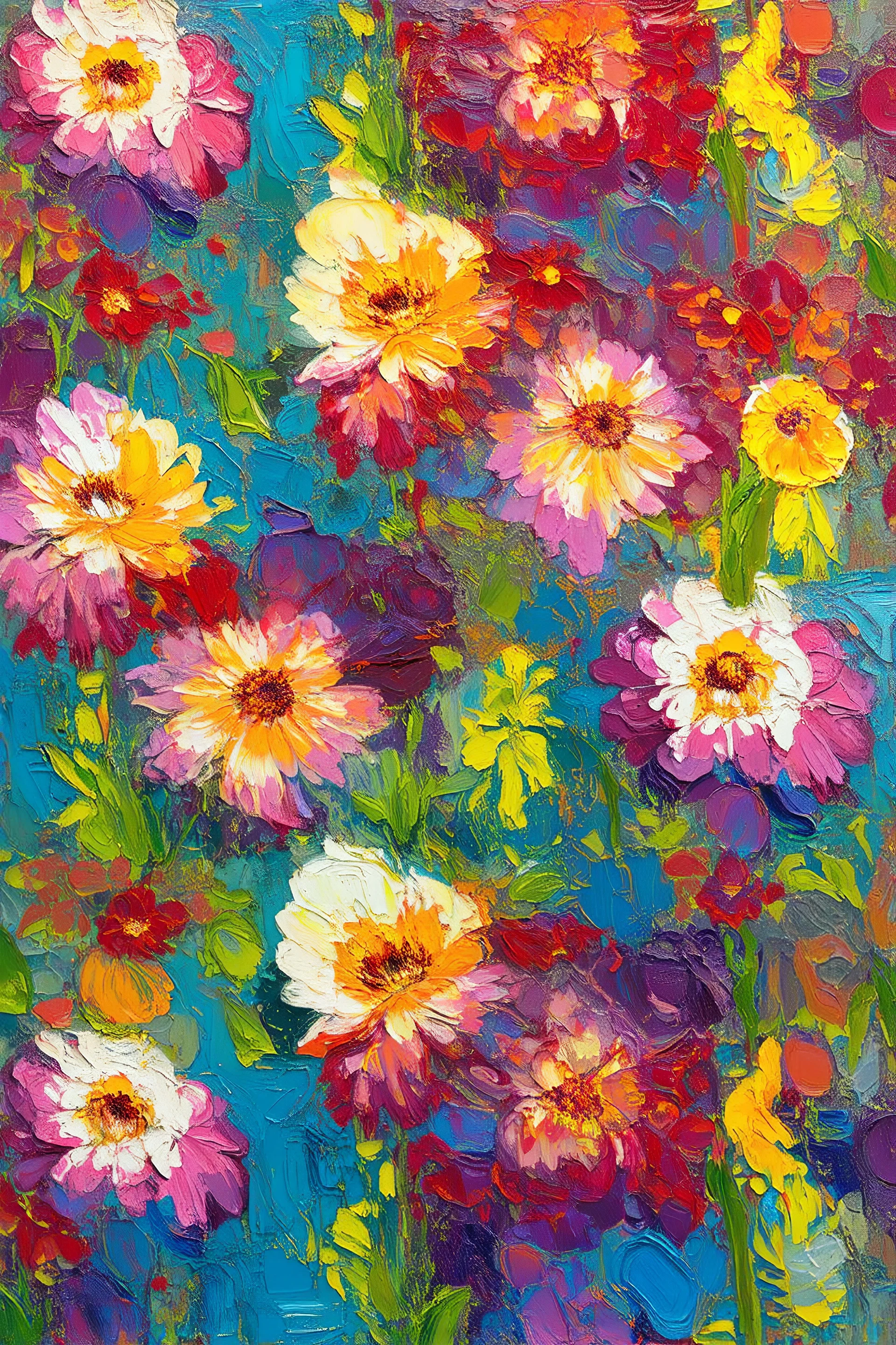 SEAMLESS Pattern masterfully detailed, vibrant flowers created with spatulated oil painting techniques, featuring thick, impasto strokes, grunge scratches, and deposit of saturated oil pigments along the