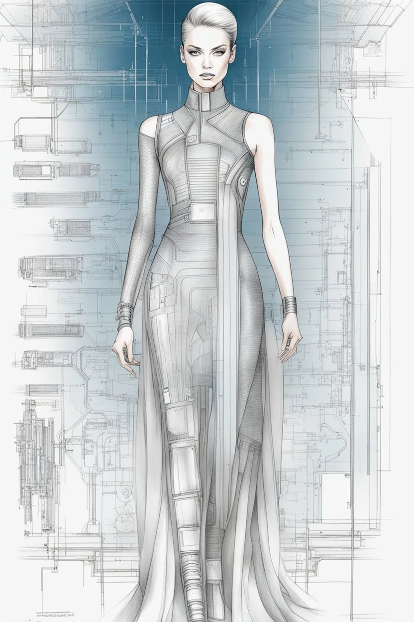 fashion illustration, draw sketches, overall from silver threads, microchip fashion, dress of the future, sci-fi dress