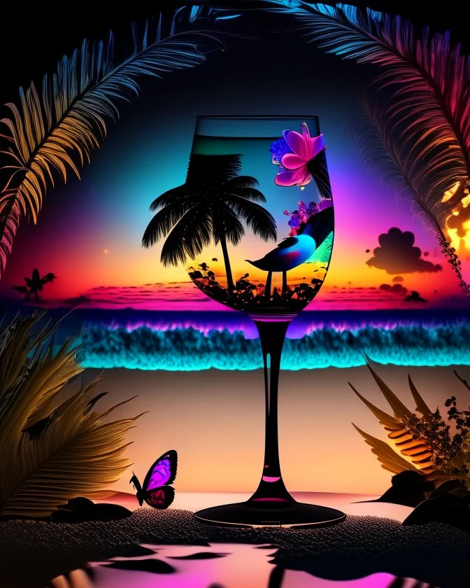 Stunning conceptual beach scene illustration in cocktail glass silhouette. Beach with vibrant colors, sunset sky and coast with palm trees. Cinematic black background, the glass looks like a window to a tropical paradise.12k 3D HD hyper-realistic Image quality CodeFormer AI 12K, cute flower fairy with bright wings like morning dew, flutters from flower to flower. Hair in curls,adorned with petals and pollen, mysterious phoenix woman,her silhouette made with interconnected and integrated elements