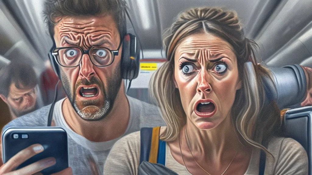 photorealistic man with woman on phone upset being put on the NO FLY list