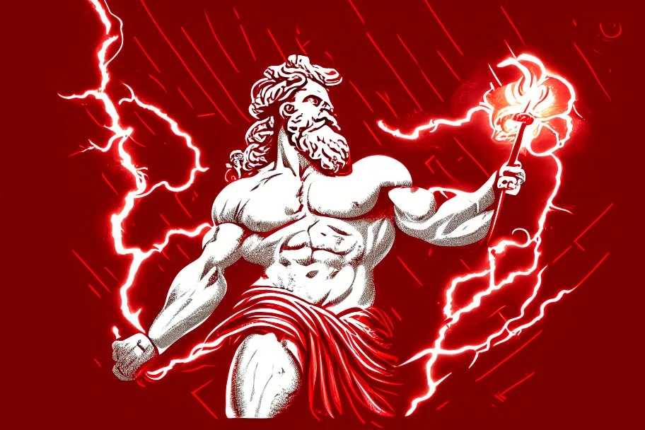 Detailed and realistic illustration of Greek god Zeus holding holding lightning. Vintage style illustration. Red and white lightning. Ultra high resolution.