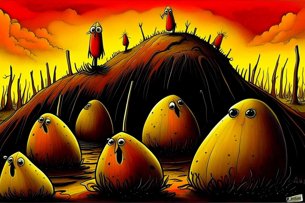 Potato famine beginning, by Gerald Scarfe and Pawel Kuczynski and Joan Miro, abstract surrealism, stylish digital illustration, sinister, phantasmagoric, organic structures, dadaism