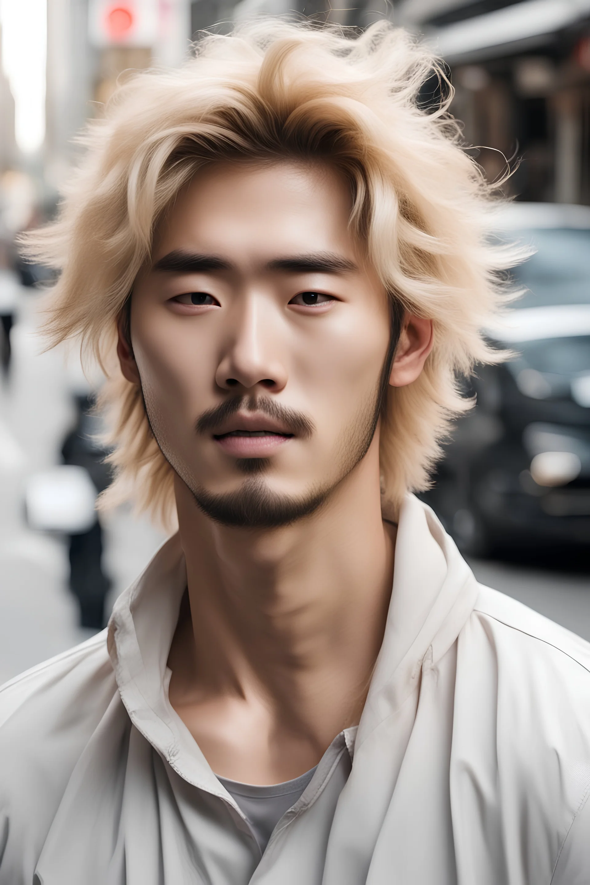 handsome korean man with blond messy hai...